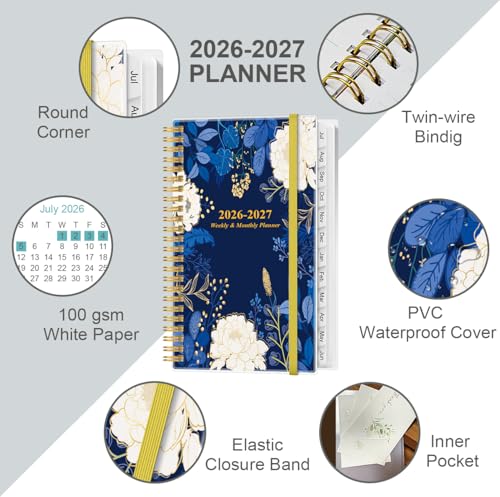 2026-2027 Pocket Planner/Calendar - 2026-2027 Planner from July 2026 - June 2027, Planner 26-27 with 12 Tabs, Twin-Wire Binding, Inner Pocket, 3.75" x 6.75, Blue Leaf Flower - color: Blue-Leaf-Flower, size: 3.75" x 6.75"