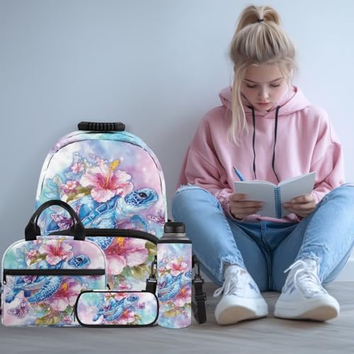 Kids Backpack Set, Sea Turtle Hibiscus Print School Backpack with Lunch Bag, Pencil Case and Water Bottle Cover 4 in 1 Set for Elementary School Boys and Girls Daily Use - color: Floral Sea Turtle Print
