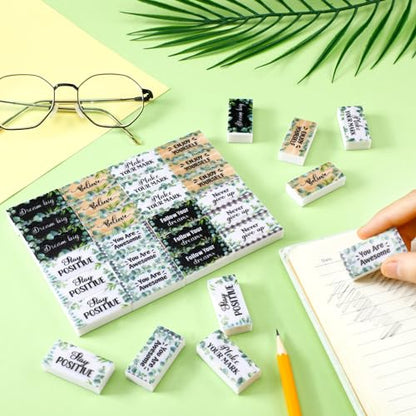 Dunzoom 100 Pcs Back to School Inspirational Pencil Erasers Bulk for Kids Fun Motivational Eraser School Office Supplies for Students Classroom Office Teacher Artists(Eucalyptus Leaf) - style: Eucalyptus Leaf