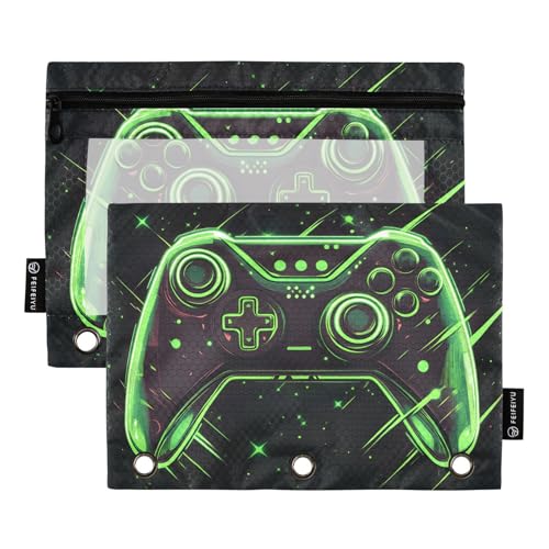 Pencil Pouch for 3 Ring Binder, Joystick Video Game Green Large Pencil Case Clear Window Pen Bag, Zipper Binder Pouch Accessories for Office School Supplies, 2 Pack - color: A008, size: 9.84 x 7.08 x 0.19 in