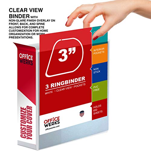 3 Ring Binder 3 Inch, Heavy Duty D-Ring, Holds 650 Sheets, 6 Pack White with Clear View Covers & 2 Pockets for 8.5x11 Paper, Nonstick PVC-Free, Gap-Free Closure, Assembled in USA - Ring Binder Depot