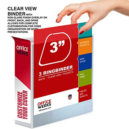 3 Ring Binder 3 Inch, Heavy Duty D-Ring, Holds 650 Sheets, 6 Pack White with Clear View Covers & 2 Pockets for 8.5x11 Paper, Nonstick PVC-Free, Gap-Free Closure, Assembled in USA - Ring Binder Depot
