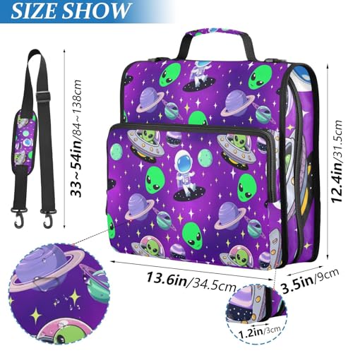 3 Ring Zipper Binder with Shoulder Strap Cute Astronauts Alien Space 1.5 inch Binders Keeper Large Capacity Multi Pockets for School Office Supplies