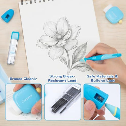 Ergonomic Pencil Set, 2.0mm HB Mechanical Pencils for Kids, School Supplies Include Sharpener, Eraser & 6 Extra Leads – Handwriting Aid for Preschool, Kindergarten, Homes, Blue, L - color: Blue