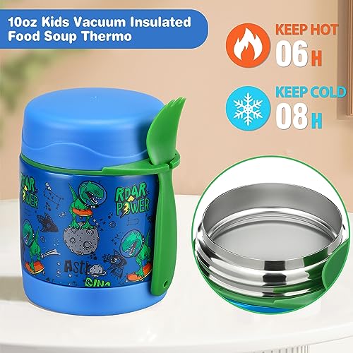 Pawtong Bento Lunch Box Set With 10oz Soup Thermo, Leak-proof Lunch Containers with 4 Compartment, Kids Hot Thermo Food Jar/Insulation Lunch Bag, Food Containers for School（Dinosaur） - color: Blue-Tyrannosaurus Rex