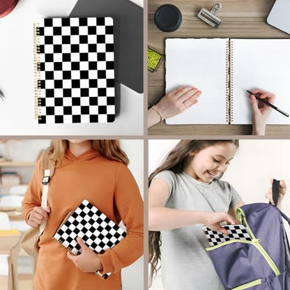 Cute Spiral Notebook journal A4 Aesthetic Pretty Design for Women Girls Kawaii with Pocket, 8.5 x 11 inch, Graph, Black Plaid - color: Black Plaid, style: Graph