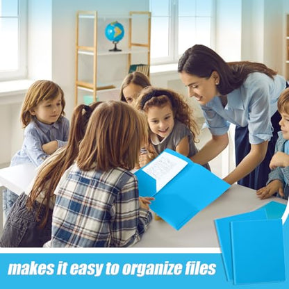 Gueevin 100 Pack Plastic Folder with Pockets, 2 Pocket Folders, Plastic Glossy Folders Fit Letter Size Paper, Heavy Duty Durable File Folder with Business Card for Home Office School (Lake Blue) - color: Lake Blue