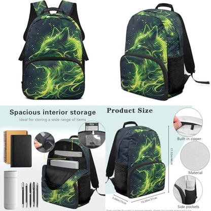 17 Inch Kid's 4PCS Backpack Set, Back to School Essentials | Insulated lunch box, water bottle pouch, pencil case, lightweight, padded shoulder straps, for elementary, middle school - color: Green Wolf