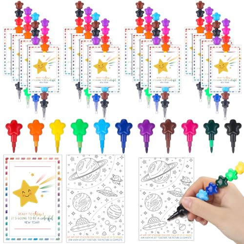 Sayglossy 24 Sets for 11 Colors Star Stacking Crayons Rainbow Stackable Markers with Double Sided Coloring Postcard Gifts Bulk for Party Favors - style: Star