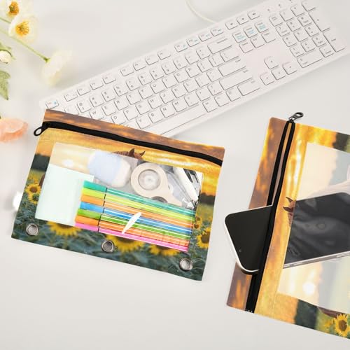 Kcldeci Pencil Pouch for 3 Ring Binder, Horse Sunflower 2 Pack Binder Pencil Pouch with Clear Window Pencil Bags with Zipper Pencil Case for Binder - color: B06