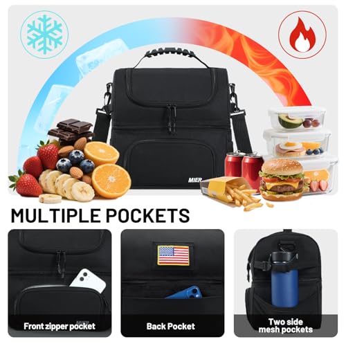 MIER Dual Compartment Lunch Bag Tote with Shoulder Strap for Men and Women Insulated Leakproof Cooler Bag, Black - color: Black
