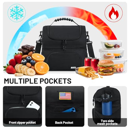 MIER Lunch Box for Men - Dual Compartment Adult Lunch Bag for Work, Black | Leakproof & Insulated; Lunchbox Cooler Tote with Side Bottle Holder; Detachable Shoulder Strap with Pad; Multi-Pockets - color: Black