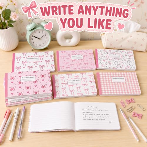 16 Pack Mini Composition Notebooks Bulk College Ruled 7.4'' x 4.7'' Pink Bow Half Size Composition Books 80 Pages Small Pocket Journal Books Back to School Gift for Student Teacher Office Supplies - color: Pink Bow