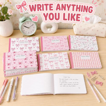16 Pack Mini Composition Notebooks Bulk College Ruled 7.4'' x 4.7'' Pink Bow Half Size Composition Books 80 Pages Small Pocket Journal Books Back to School Gift for Student Teacher Office Supplies - color: Pink Bow
