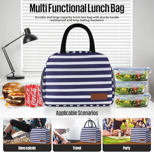 douyadady Lunch Bag Women/Men Lunch Box Women/Men (Dark blue+White Stripes) | Spacious Lightweight Waterproof Sturdy Durable Great Value For Office Work School Picnic Travel - color: Dark blue+White Stripes