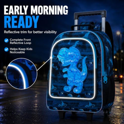 AGSDON 3PCS Rolling Backpack Boys, Kids Roller Wheels Bookbag, Wheeled School Bag with Lunch Bag - Dinosaur Bule - color: Blue