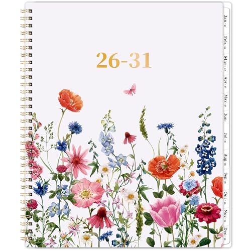 Monthly Planner 2026-2031 - 5 Year Planner/Calendar, 2026-2031 Monthly Calendar Planners Spiral Bound, Jul. 2026 - Jun. 2031, 9" x 11", Twin-Wire Binding + Tabs + Pocket - Flowers