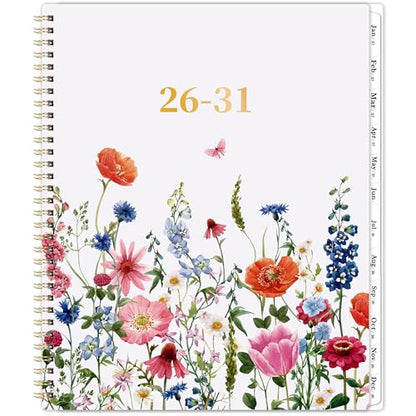 Monthly Planner 2026-2031 - 5 Year Planner/Calendar, 2026-2031 Monthly Calendar Planners Spiral Bound, Jul. 2026 - Jun. 2031, 9" x 11", Twin-Wire Binding + Tabs + Pocket - Flowers