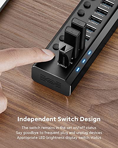 Powered USB Hub, Rosonway Aluminum 10 Port USB 3.0 Data Hub with 36W (12V/3A) Power Adapter and Individual On/Off Switches USB Splitter(RSH-A10) - size: 10-Port Powered USB Hub