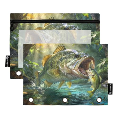 Largemouth Bass Fish Pencil Pouches for 3 Ring Binder, Zipper Binder Pencil Case, 2 Pack Clear Window Case Bag for Office Organizers - color: Largemouth Bass Fish