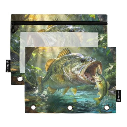 Largemouth Bass Fish Pencil Pouches for 3 Ring Binder, Zipper Binder Pencil Case, 2 Pack Clear Window Case Bag for Office Organizers - color: Largemouth Bass Fish