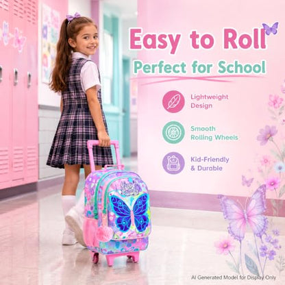CCJPX 3Pcs Butterfly Rolling Backpack for Girls, 18" Kids Wheeled Bookbag with Lunch Box, Lightweight Roller School Bag for Elementary Preschool (Pink) - color: Pink Butterfly(with Sequins)