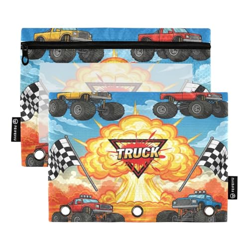 Gredecor Binder Pencil Pouch 3 Ring Monster Truck Game Zipper Pencil Pouches Case 2 Pack Clear Binder Organizer for Kids School Office - color: Monster Truck Game