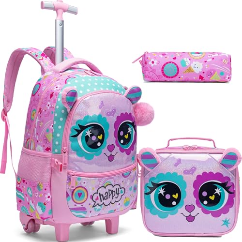 Rolling Backpack for Girls Backpacks with Wheels for Elementary Preschool Students Kids 2 in 1 Travel Luggage Carry on Suitcase for Girls Age 8-10 - color: Rose 01