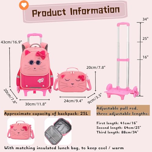2Pcs Girls Rolling Backpack, Cute Cat Face Kids School Bag Bookbag Roller Backpack for Girls with 6 Wheels, 2Pcs-Rose - color: 6 Wheels-2pcs-rose, style: 6 Wheels