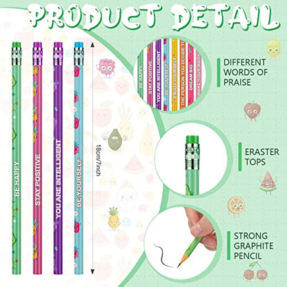 Leinuosen 200 Pcs Scented Pencils for Kids Cute Motivational Colorful Fun Wood HB Pencils Bulk with Erasers Fruit Elements for School Office Classroom Student