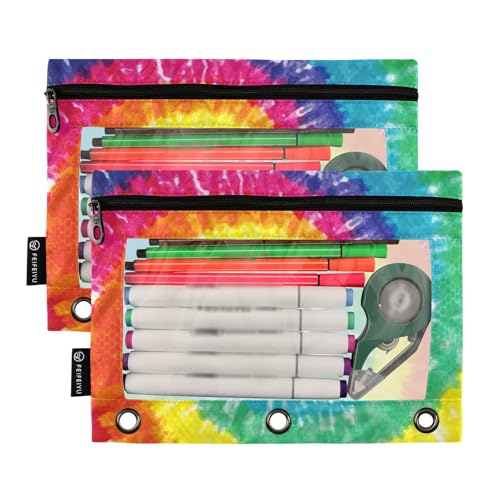 2 Pack 3 Ring Binder Pencil Pouch Tie Dye Pencil Case Pencil Bags with Zipper, Clear PVC Binder Pockets for Office Daily Supplies - color: Color 16