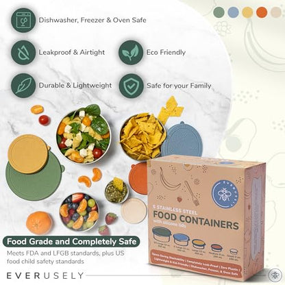 Stainless Steel Food Containers, Metal Lunch Boxes, Set of 5, Muted | Everusely lunch containers feature colorful lids and offer durable utility for snacks, meal prep, and food storage. - color: Muted