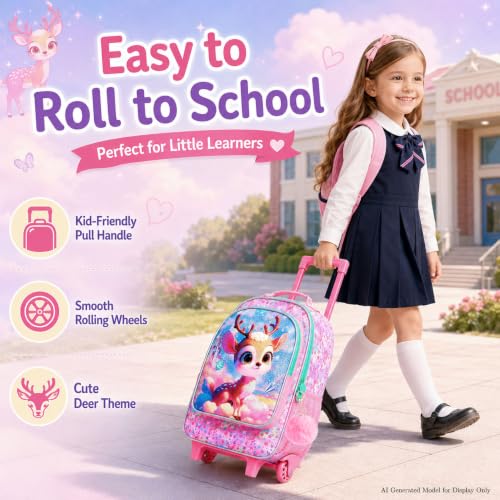 AGSDON 3PCS Kids Rolling Backpack, Girls Roller Wheels Bookbag, Wheeled Elementary School Bag with Lunch Bag - Deer - color: Baiyun Deer Roller