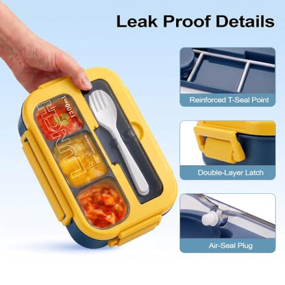 Bento Box Adult Lunch Box, Lunch Containers for Adults 44 Oz,Yellow / Blue | BPA-Free, Lid-Top Sauce Tray, Leak-Proof, 1300mL, Removable Silicone Sealing Ring, Lid-Top Utensil Slot with Included Cutlery - color: Yellow / Blue