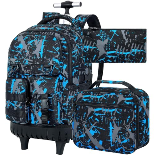 CCJPX Rolling Backpack for Boys, 3Pcs Roller Wheeled School Bookbag, Graffiti Wheels Backpacks with Lunch Box for Kids (Blue) - color: Graffiti Blue