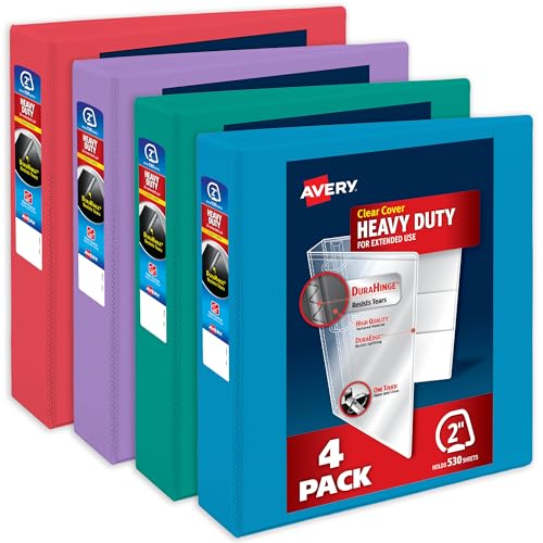Avery Heavy-Duty View 3 Ring Binders, 2 Inch One Touch Slant Rings, 530-Sheet Capacity, Assorted Bright Colors, 4-Pack (79636) – for School, Office, Teachers, Classrooms & Home Organization - color: Assorted Brights, size: 2"