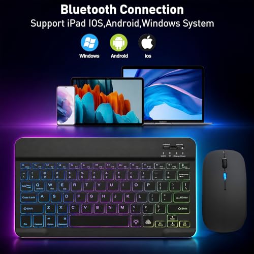 Backlit Bluetooth Keyboard and Mouse for iPad, Rechargeable Slim Portable Wireless Keyboard and Mouse for iPad Tablets, Compatible for All iOS/Windows/Android System Devices-Black
