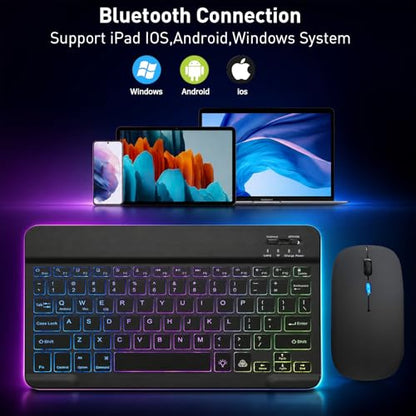 Backlit Bluetooth Keyboard and Mouse for iPad, Rechargeable Slim Portable Wireless Keyboard and Mouse for iPad Tablets, Compatible for All iOS/Windows/Android System Devices-Black