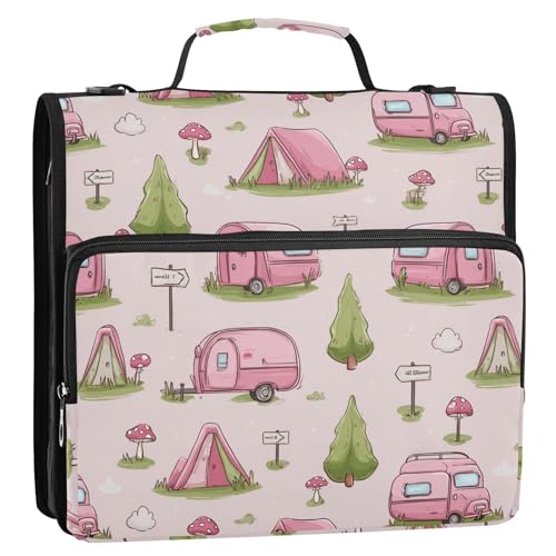 Pink Camping Tent Pattern 3 D-Ring 2 inch Zipper Binder Bag with Shoulder Strap, Multi-Pocket Portfolio Organizer Case for 13 Inch Laptop Middle School - color: Pink Camping Tent Pattern