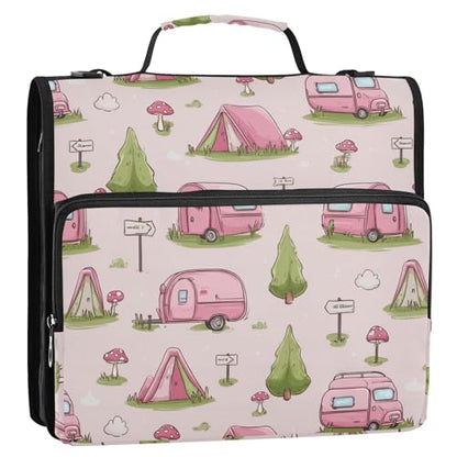 Pink Camping Tent Pattern 3 D-Ring 2 inch Zipper Binder Bag with Shoulder Strap, Multi-Pocket Portfolio Organizer Case for 13 Inch Laptop Middle School - color: Pink Camping Tent Pattern