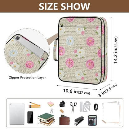 3-Hole Ring Binder Portfolio Case with 7-Pocket Expandable File Jacket Vintage Rose Binder Bag with Binder Pencil Pouch