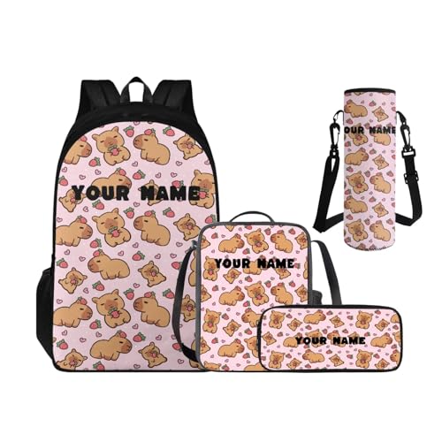 Personalized Capybara Bag,Soft Bookbag School Supplies for Kids Back to School Backpacks for 3rd Grade Boys Custom Name Children's Lunch Box Pencil Case Water Bottle Holder Set of 4 - color: Strawberry Capybara--custom