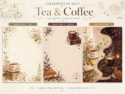 Charmfolio Duo Tea & Coffee Binder Paper, 80 College Ruled Sheets, 8.5 x 11 Inch 3 Hole Punched Loose Leaf Stationery, 40 Tea Pages + 40 Coffee Pages, Binder Paper, Besties, Back to school, Backpack