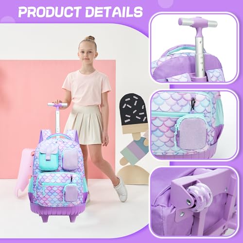 Meetbelify Rolling Backpack for Girls Boys Backpacks with Wheels Kids Carry on Luggage for Girls Boys - color: Girls Mermaid