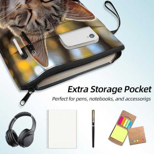 Padded Book Sleeve with Zipper & Front Pocket, Fabric Book Cover | Cute Sleeping Tabby Cat Tree11.4"x8.7" Washable Canvas Pouch for Hardcovers, Tablets & Reading Accessories - color: Cute Sleeping Tabby Cat Tree