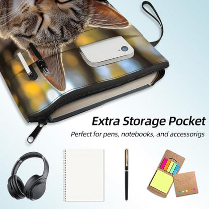 Padded Book Sleeve with Zipper & Front Pocket, Fabric Book Cover | Cute Sleeping Tabby Cat Tree11.4"x8.7" Washable Canvas Pouch for Hardcovers, Tablets & Reading Accessories - color: Cute Sleeping Tabby Cat Tree