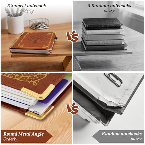 Hardcover Spiral Notebook Journal with Removable Dividers Tabs, 5 Subject Notebooks for Work School, 300 pages 8"x10" B5 leather Journal College Ruled, Cute Journal for Women Men, Brown - color: Brown