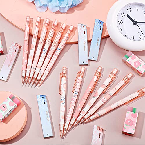 Breling 30 Pcs Kawaii Peach Mechanical Pencil Gift Set 12 Mechanical Japanese Pencils 6 Cute Peach Eraser 12 Tube HB Refill First Day of School Office Gift(0.5mm) - size: 0.5mm