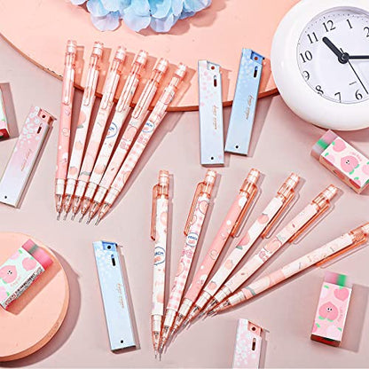 Breling 30 Pcs Kawaii Peach Mechanical Pencil Gift Set 12 Mechanical Japanese Pencils 6 Cute Peach Eraser 12 Tube HB Refill First Day of School Office Gift(0.5mm) - size: 0.5mm
