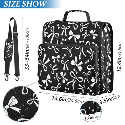 Zipper Binder Bag 3 Ring File Folder Portfolio Organizer Zippered Binder Bags with Strap Fits Laptop Women Men - color: 30-black White Bow